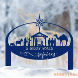 A Weary World Rejoices Sign Outdoor Nativity Metal Yard Stake Oval Manger Scene Sign Holiday Decor Merry Christmas Sign
