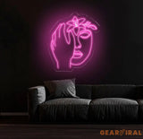 Abstract Face Neon Sign with Flower Custom Neon Wall Art Personalized Modern Decor Minimalist Neon Light for Bedroom