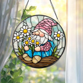 Adorable Spring Gnome Glass Suncatcher Fairy Garden Decor Flower Gnome Window Art Unique Gift for Her Cute