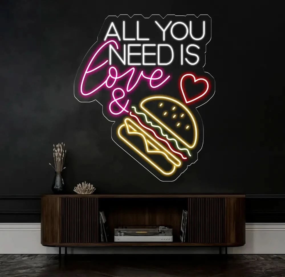 All You Need Is Love & Burger Neon Sign Custom Hamburger Fast Food LED Neon Sign Night Light Home Wall Decor Restaurant