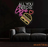 All You Need Is Love & Burger Neon Sign Custom Hamburger Fast Food LED Neon Sign Night Light Home Wall Decor Restaurant