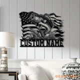 American Flag Bass Fishing Metal Sign with LED Lights Personalized Lake House Wall Art Fishing Name Sign Bass Fishing