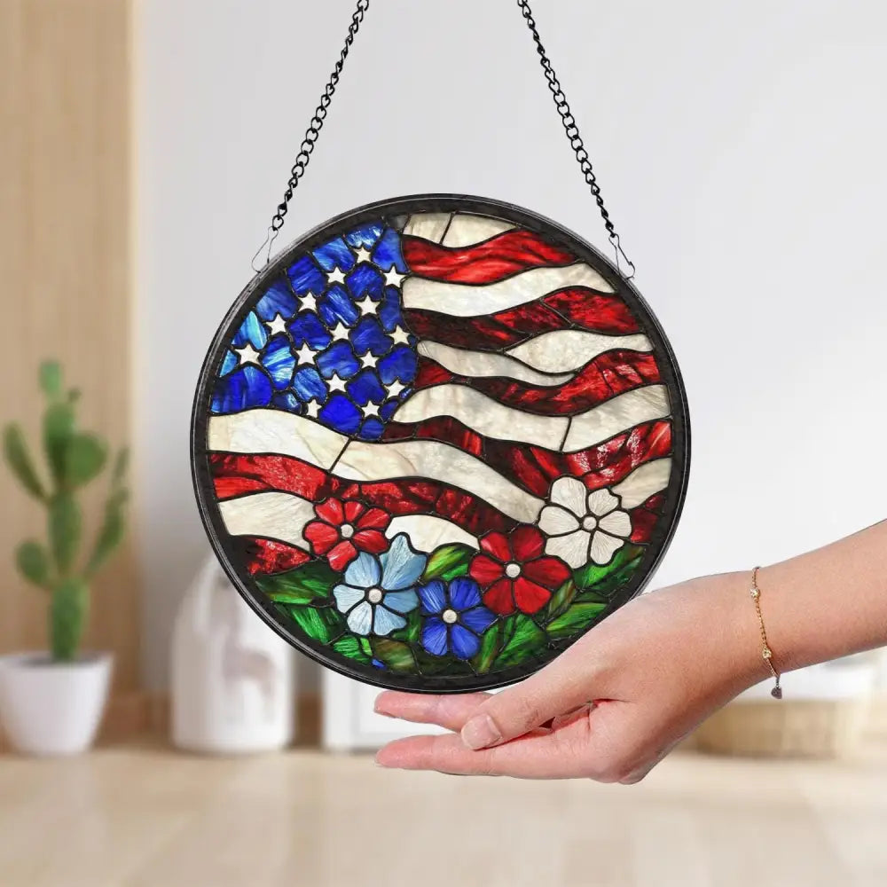 American Flag Stained Glass Suncatcher for Windows Patriotic Home Decor Rustic USA Style Gift for Veterans Fourth of