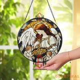 Angel and Cherubs Stained Glass Suncatcher – Guardian Angel Window Hanging Blessings and Abundance Art Panel Spiritual