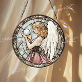 Angel Stained Glass Suncatcher Elegant Angel with Orb Glass Panel Spiritual Window Hanging Guardian Angel Decor