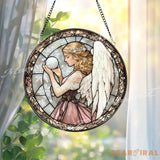 Angel Stained Glass Suncatcher Elegant Angel with Orb Glass Panel Spiritual Window Hanging Guardian Angel Decor