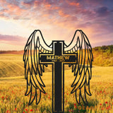 Angel Wings Cross Custom Name Metal Yard Stake - Memorial Cross Stake - Grave Marker - Cross with Wings | GearViral