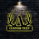 Antler Family Name Metal LED Sign - Personalized Monogram Wall Art - Last Name Initial Hanging - Housewarming Gift