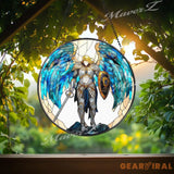 Archangel Warrior Stained Glass Suncatcher Blue Winged Sword Guardian Window Panel Angel of Protection Fantasy Glass