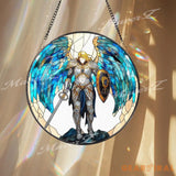 Archangel Warrior Stained Glass Suncatcher Blue Winged Sword Guardian Window Panel Angel of Protection Fantasy Glass