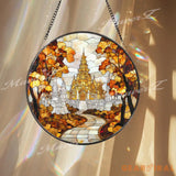 Asian Temple Autumn Stained Glass Suncatcher Tranquil Pathway Window Hanging Decor Sacred Nature Art for Zen and