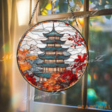 Autumn Japanese Pagoda Stained Glass Suncatcher Fall Foliage Window Hanging Temple Glass Art Panel Oriental Zen Decor