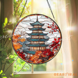 Autumn Japanese Pagoda Stained Glass Suncatcher Fall Foliage Window Hanging Temple Glass Art Panel Oriental Zen Decor