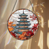 Autumn Japanese Pagoda Stained Glass Suncatcher Fall Foliage Window Hanging Temple Glass Art Panel Oriental Zen Decor