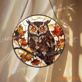 Autumn Owl Stained Glass Suncatcher Fall Leaves and Branch Window Hanging Woodland Bird Decor for Nature & Forest Lovers