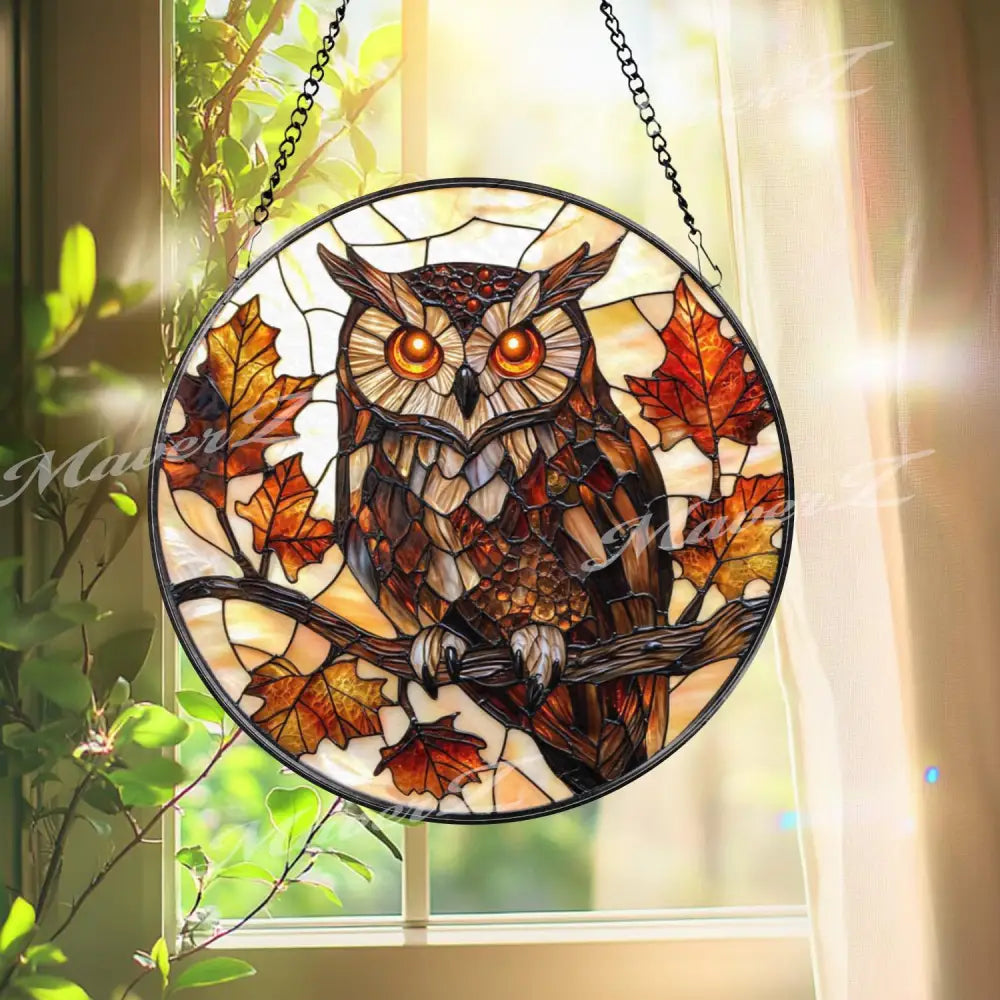 Autumn Owl Stained Glass Suncatcher Fall Leaves and Branch Window Hanging Woodland Bird Decor for Nature & Forest Lovers