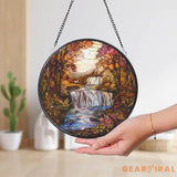 Autumn Waterfall Stained Glass Suncatcher Fall Forest Scenic Window Hanging Rustic Nature Glass Art Decor Peaceful
