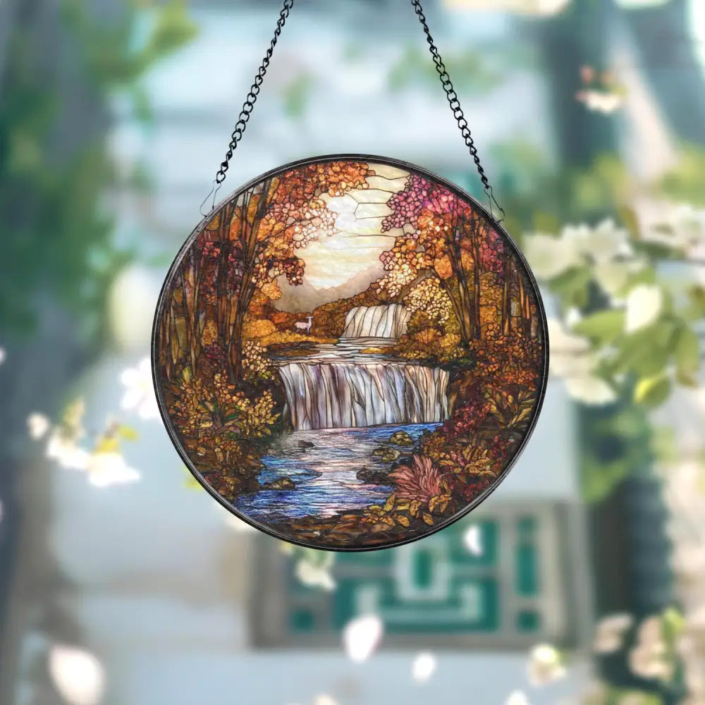 Autumn Waterfall Stained Glass Suncatcher Fall Forest Scenic Window Hanging Rustic Nature Glass Art Decor Peaceful