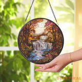 Autumn Waterfall Stained Glass Suncatcher Fall Forest Scenic Window Hanging Rustic Nature Glass Art Decor Peaceful