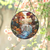 Autumn Waterfall Stained Glass Suncatcher Scenic Fall Window Hanging Colorful Nature Panel Peaceful Forest Glass Art