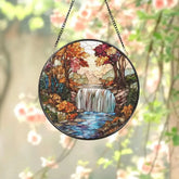 Autumn Waterfall Stained Glass Suncatcher Scenic Fall Window Hanging Colorful Nature Panel Peaceful Forest Glass Art