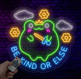 Be Kind or Else Funny Frog Neon Sign - Kawaii Nursery Wall Art Cute Frog LED Light for Kids Children’s Room Decor
