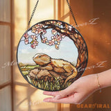 Bearded Dragon Stained Glass Suncatcher Lizard on Rock Under Cherry Blossom Tree Reptile Pet Window Panel Nature Decor