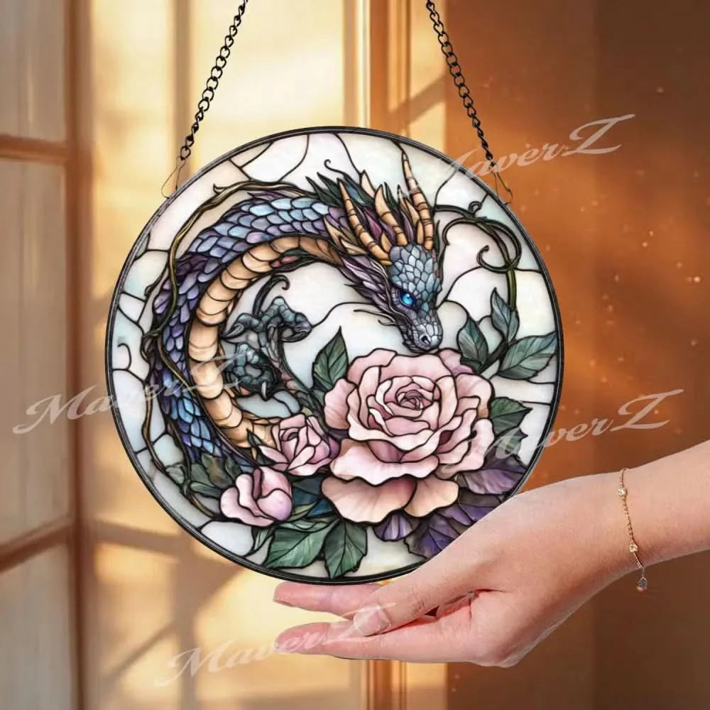 Bearded Dragon Stained Glass Suncatcher Lizard on Rock Under Cherry Blossom Tree Reptile Pet Window Panel Nature Decor