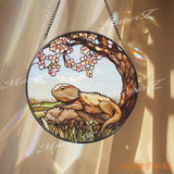 Bearded Dragon Stained Glass Suncatcher Lizard on Rock Under Cherry Blossom Tree Reptile Pet Window Panel Nature Decor
