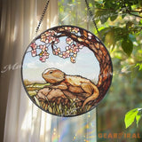 Bearded Dragon Stained Glass Suncatcher Lizard on Rock Under Cherry Blossom Tree Reptile Pet Window Panel Nature Decor