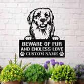 Beware of Golden Metal Name Sign With LED Lights Personalized Letter Last Name Dog Lover Metal Sign Dog Metal sign