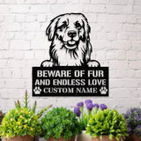 Beware of Golden Metal Name Sign With LED Lights Personalized Letter Last Name Dog Lover Metal Sign Dog Metal sign