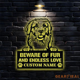 Beware of Golden Metal Name Sign With LED Lights Personalized Letter Last Name Dog Lover Metal Sign Dog Metal sign