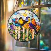 Bird Family Glass Window Ornament Colorful Hanging Light Catcher Spring Floral Decor Gift for Mom Nature Lover Window