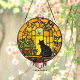 Black Cat Stained Glass Suncatcher Golden Window Panel with Butterflies Sunlit Cat Lover Gift Whimsical Window Hanging
