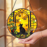 Black Cat Stained Glass Suncatcher Sunlit Window Butterfly Decor Cozy Cat Lover Glass Panel Fall Yellow Window Art