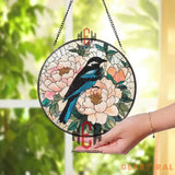 Blue Bird and Peony Stained Glass Suncatcher – Floral Window Hanging Panel Spring Nature Decor Handmade Gift for Bird