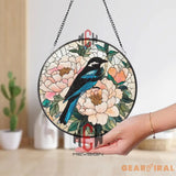 Blue Bird and Peony Stained Glass Suncatcher – Floral Window Hanging Panel Spring Nature Decor Handmade Gift for Bird