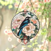 Blue Bird and Peony Stained Glass Suncatcher – Floral Window Hanging Panel Spring Nature Decor Handmade Gift for Bird