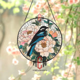 Blue Bird and Peony Stained Glass Suncatcher – Floral Window Hanging Panel Spring Nature Decor Handmade Gift for Bird