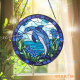 Blue Dolphin Stained Glass Suncatcher Ocean Sea Life Window Panel Coastal Beach Decor Gift for Dolphin Lovers and