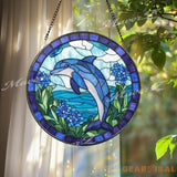 Blue Dolphin Stained Glass Suncatcher Ocean Sea Life Window Panel Coastal Beach Decor Gift for Dolphin Lovers and