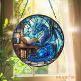 Blue Dragon Reading Book Stained Glass Suncatcher Enchanted Fantasy Library Window Decor Magical Creature Gift for Book