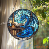 Blue Dragon Reading Book Stained Glass Suncatcher Enchanted Fantasy Library Window Decor Magical Creature Gift for Book