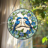 Bluebirds Stained Glass Suncatcher Lovebird Window Panel Romantic Bird Couple Decor Nature-Inspired Blue Floral Gift