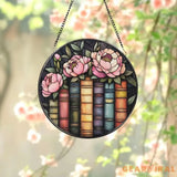 Book and Peony Stained Glass Suncatcher Floral Library Window Hanging Gift for Book Lovers Reading Nook Decor Literary