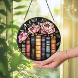 Book and Peony Stained Glass Suncatcher Floral Library Window Hanging Gift for Book Lovers Reading Nook Decor Literary