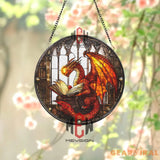 Book Dragon Stained Glass Suncatcher Red Dragon Reading Window Panel Fantasy Library Decor Gothic Wizard Study Gift