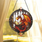 Book Dragon Stained Glass Suncatcher Red Dragon Reading Window Panel Fantasy Library Decor Gothic Wizard Study Gift