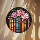 Books and Peonies Stained Glass Suncatcher Round Floral Library Window Hanging Reading Nook Decor Gift for Book Lovers